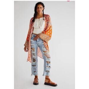 Free People Boho Patchwork Kimono One Size Vintage Batik Orange Open Front